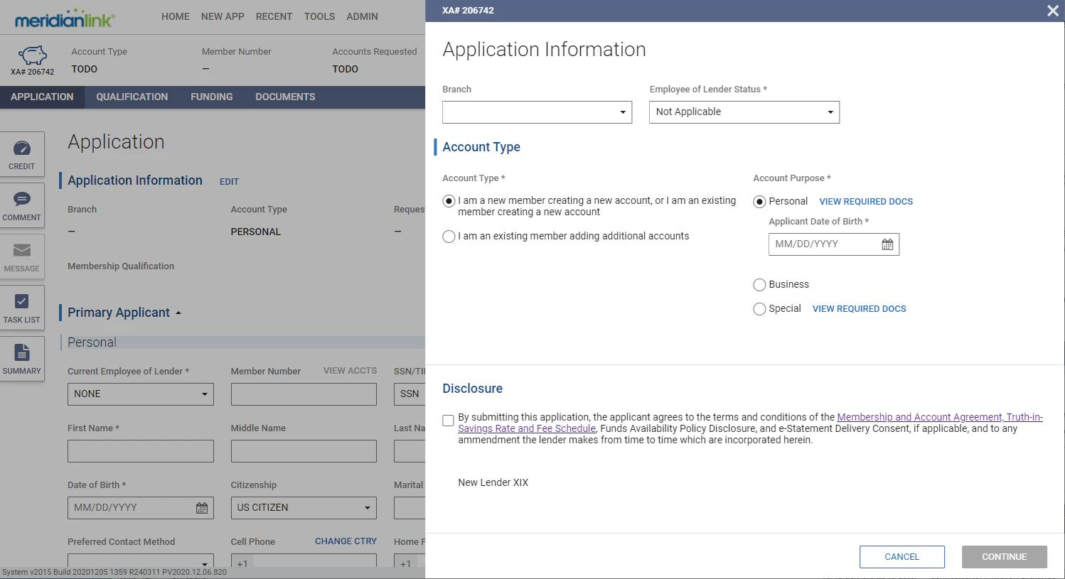screenshot of MeridianLink Opening
